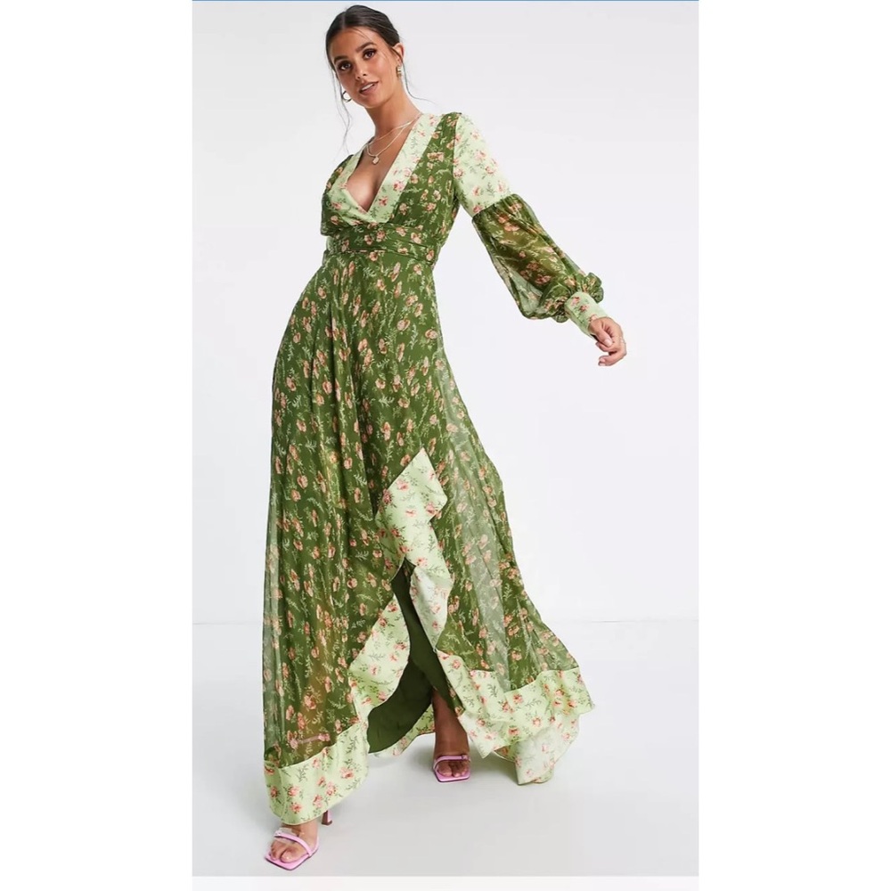 Ditsy floral green maxi dress